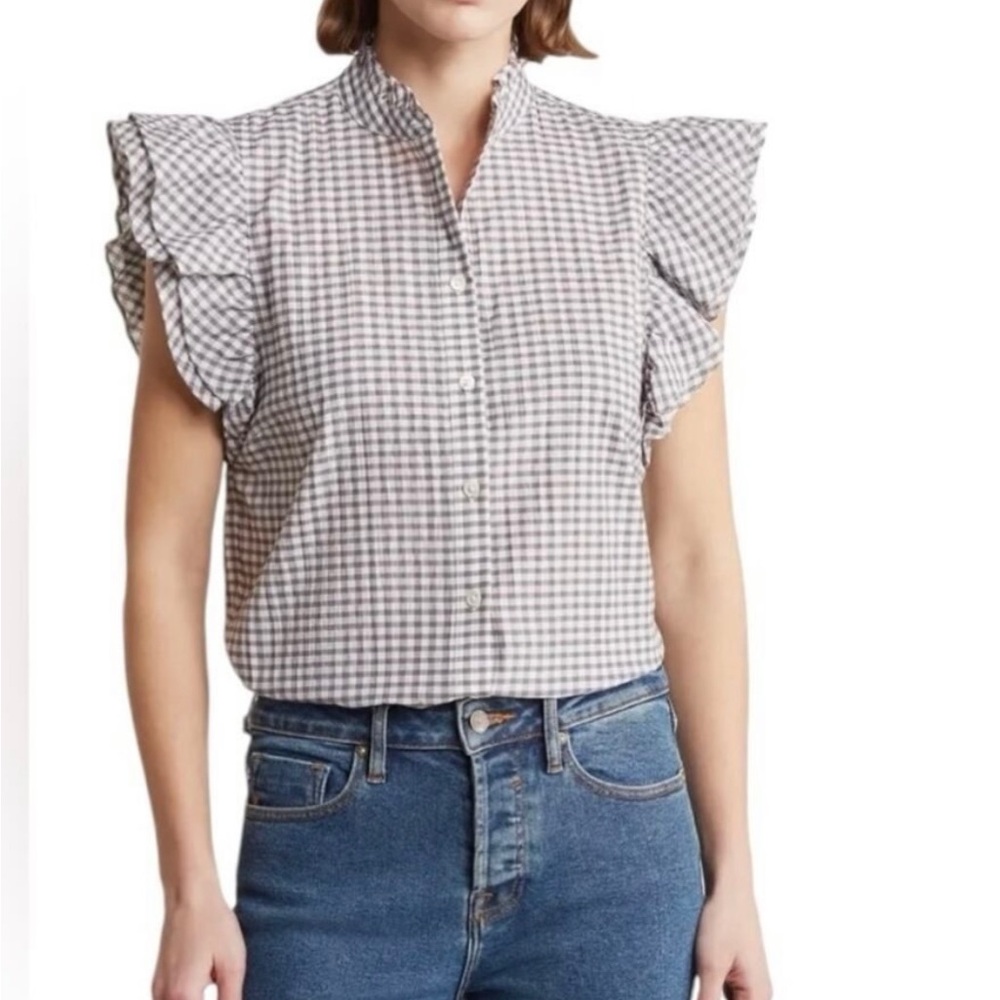 NWT Industry Elegant Checkered Ruffle Sleeve Blouse